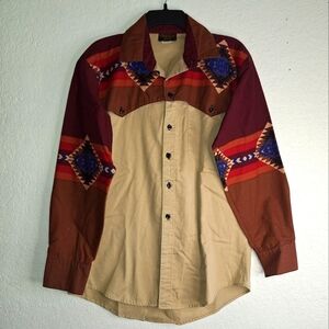 Vtg 80s 90s Wild West Tan Brown Wester Bib Womens Shirt Aztec Print USA Medium